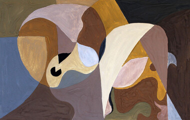 The abstract composition is painted in restrained colors in gouache. Brown, yellow ocher, gray in different shades and black gouache. Painting for a modern interior, background for your design.