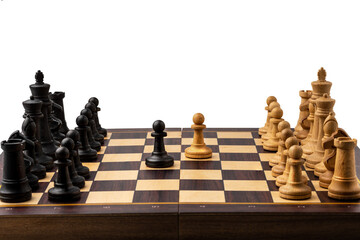 Chess on a chessboard with 2 pawns in the center on a white background