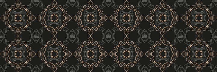 Dark background pattern with ornate gold ornaments on black background for your design. Seamless background for wallpaper, textures. Vector illustration.