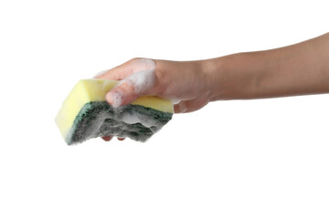 Hand holding cleaning sponge on white background