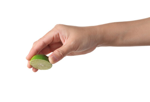 Hand Squeeze Green Lime On White Background