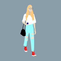 Vector illustration of Kpop street fashion. Street idols of Koreans. A girl in blue jeans, red sneakers and a white T-shirt.