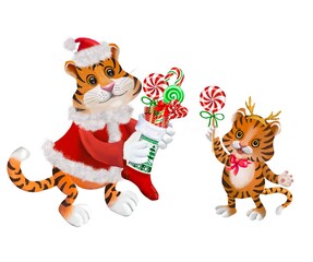Tiger  with Santa hat ,watercolor cute animals 