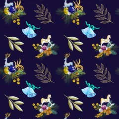 Christmas watercolor seamless pattern with deer and horse .