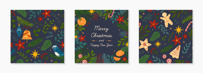 Christmas and Happy New Year greeting banner and seamless patterns.Festive vector layouts with hand drawn traditional winter holiday symbols.Xmas designs for banners,invitations,prints,social media.