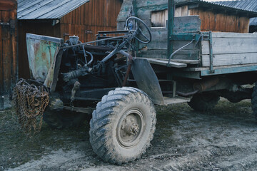 Old timber truck. Ukrainian Carpathian mountains.