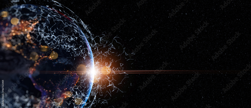Poster Communication technology for internet business. Global world network and telecommunication on earth cryptocurrency and blockchain and IoT. Elements of this image furnished by NASA