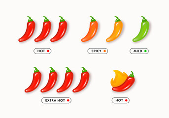 Spice level marks, mild, spicy, hot and extra. Green and red chili pepper. Symbol of pepper with fire. Chili level icons set. Vector illustration isolated on white background