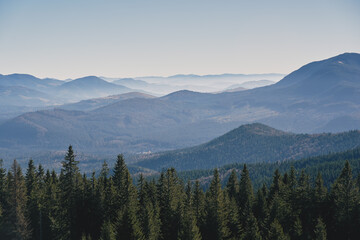 Views of the neighboring mountains from the Kukul ridge. Ukrainian Carpathian mountains. Autumn in the mountains.