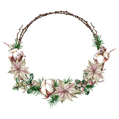 Christmas decorative wreath of poinsettia white flowers, cotton balls, green leaves, fir tree branches and snowberries. Round frame. Watercolor hand painted isolated element on white background.