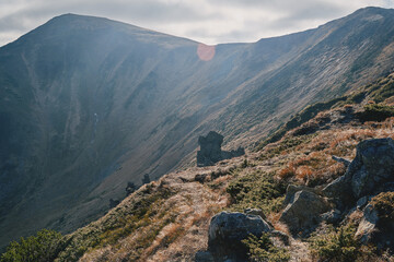 Chornogora ridge. Sunny autumn day in the mountains. Ukrainian Carpathian mountains.