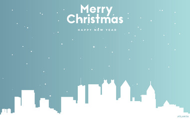 Christmas and new year blue greeting card with white cityscape of Atlanta