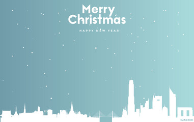 Christmas and new year blue greeting card with white cityscape of Bangkok