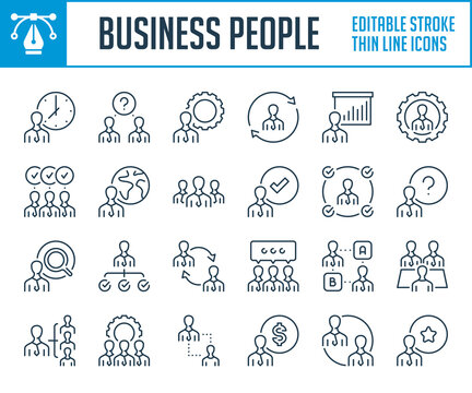Business people and Leadership thin line icons. outline icon set. Team, Teamwork and Partnership. Editable stroke icons.