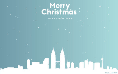 Christmas and new year blue greeting card with white cityscape of Kuala Lumpur
