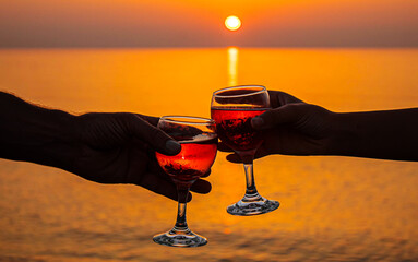 Drink wine by the sea. Selective focus.