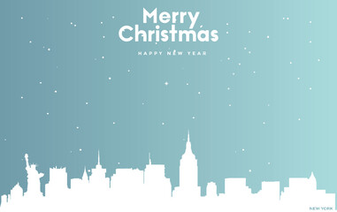 Christmas and new year blue greeting card with white cityscape of New York