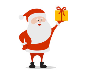 Cartoon funny happy Santa Claus with gift in vector. Christmas illustration.