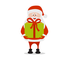 Cartoon funny happy Santa Claus holding a big gift in vector. Christmas illustration.