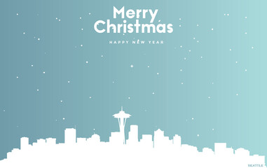 Christmas and new year blue greeting card with white cityscape of Seattle