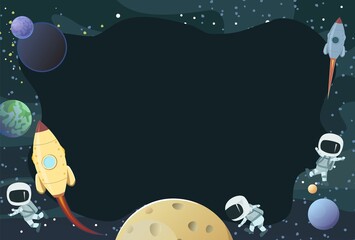 Naklejka premium Astronauts in spacesuits. Rocket. Cosmos background. Childrens illustration. Starry sky landscape. Dark colors. Flat style. Cartoon design. Vector