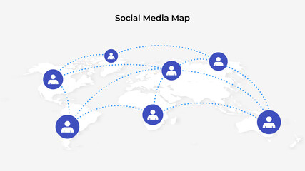 World map showing communication of different people around the planet. Social media map