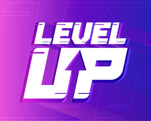 Purple gradient level up logotype. Typography logo design. Creative negative space logo. Flat and minimal logo design. Gaming dynamic logo design.