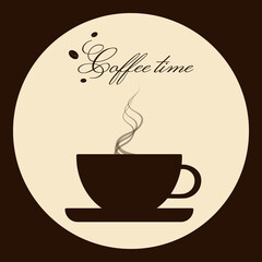 Dark cup of coffee on a light circle in flat style with the inscription - Coffee time on a dark background. Great logo, banner, print or whatever