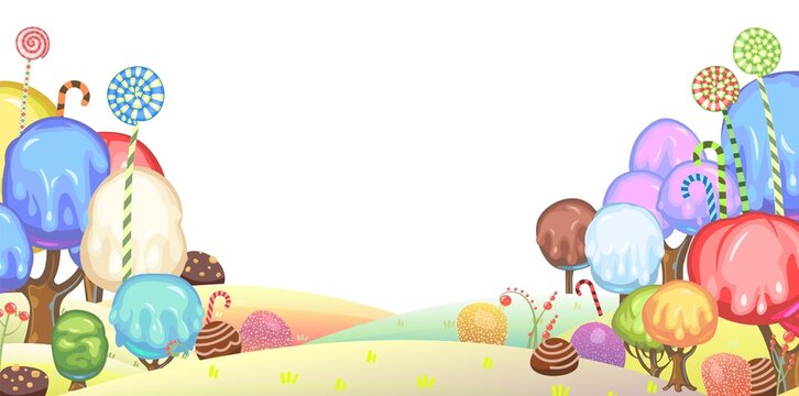 Candy background. Cartoon sweet land. Beads of jelly, ice cream and caramel. Chocolate. Cute childrens fairy landscape. Isolated fantastic illustration. Vector