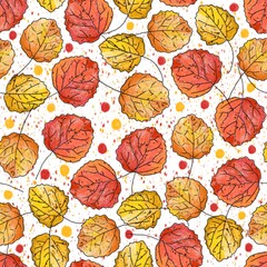 Seamless pattern with autumn leaves on a white background. Realistic drawing imitating watercolor. - 467527243