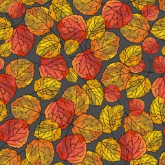 Background, seamless pattern of red and yellow autumn leaves on a dark gray background. Naturalistic drawing in watercolor style. - 467527260