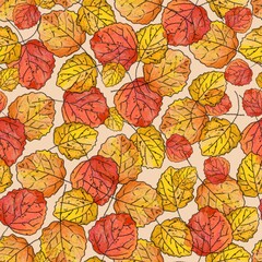Background, seamless pattern of red and yellow autumn leaves. Naturalistic drawing in watercolor style. - 467527278