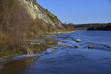 Rock outcrops of white gypsum on Mount Grekhovskaya on the banks of the Sylva River