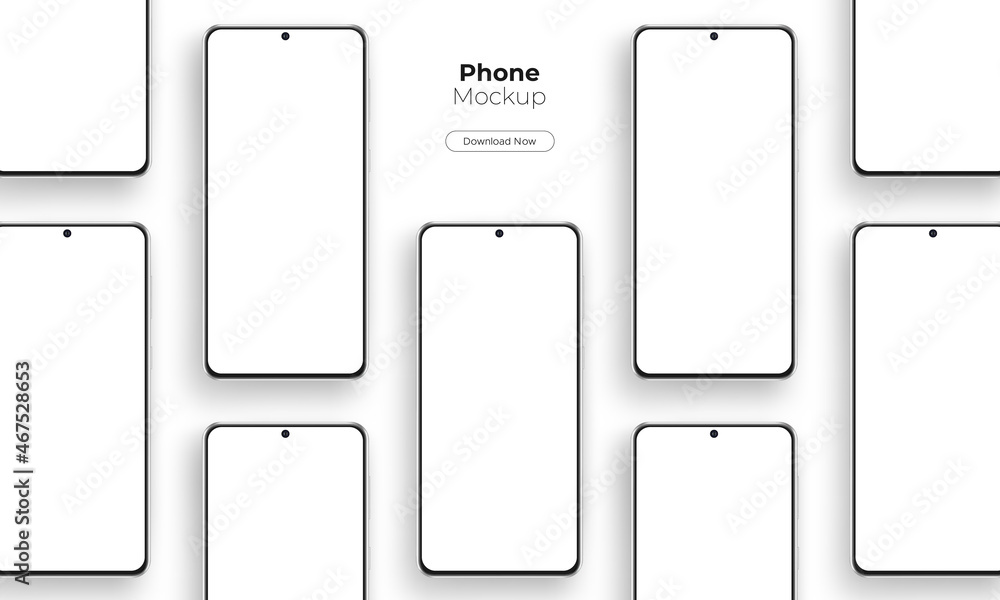 Poster frameless smartphones mockups with blank screens for showing app design, isolated on white backgroun