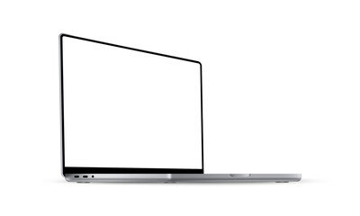 Silver Laptop Mockup with Blank Screen, Side Perspective View, Isolated on White Background. Vector Illustration