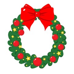 Vector illustration. Christmas wreath with red bow, balls and stars