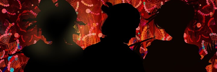 Silhouette of Japanese geisha and samurai in the burning fire	