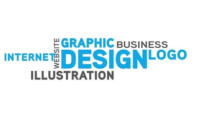 Graphic design motion - kinetic typography with blue and grey words on white background.