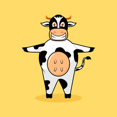 cute cow standing and hands outstretched with smile expression. cartoon, mascot, animal and character style. orange, black and white. suitable for logo, icon, symbol, t shirt design and sign