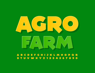 Vector bright Banner Agro Farm. Modern Yellow Font. Artistic Alphabet Letters and Numbers set