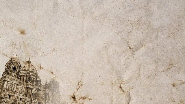 Slow motion collage of Berlin sights in Germany, which gradually emerge on old vintage crumpled paper. Creative 4k video animation with parallax effect.