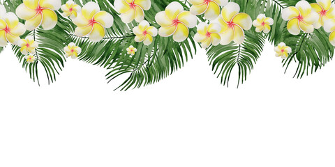 Hand drawn flowers and leaves of tropical plants. Seamless horizontal pattern with watercolor exotic green tropical rainforest foliage and, frangipani on a white background. Endless jungle background