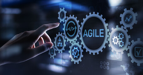 Agile development methodology concept on virtual screen. Technology concept.