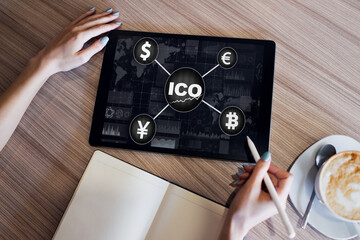 ICO - Initial coin offering. Blockchain and financial technology concept.