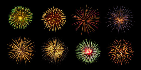 Collection Set Amazing Beautiful firework isolated on black background for celebration anniversary merry christmas eve and happy new year