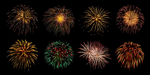 Collection Set Amazing Beautiful firework isolated on black background for celebration anniversary merry christmas eve and happy new year