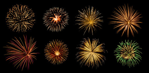 Collection Set Amazing Beautiful firework isolated on black background for celebration anniversary...