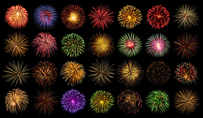 Collection Set Amazing Beautiful firework isolated on black background for celebration anniversary...