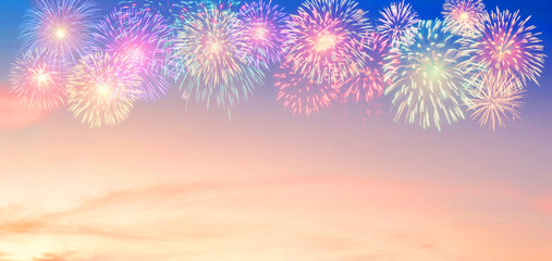Amazing Beautiful firework on sky cloud background for celebration anniversary merry christmas eve and happy new year