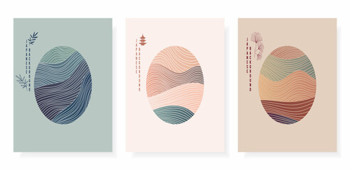 Fototapeta premium Abstract Japanese art background account story highlight cover icon sunset sea with line wave pattern vector.Circle logo social media stories.Design template geometric print textile in oriental style